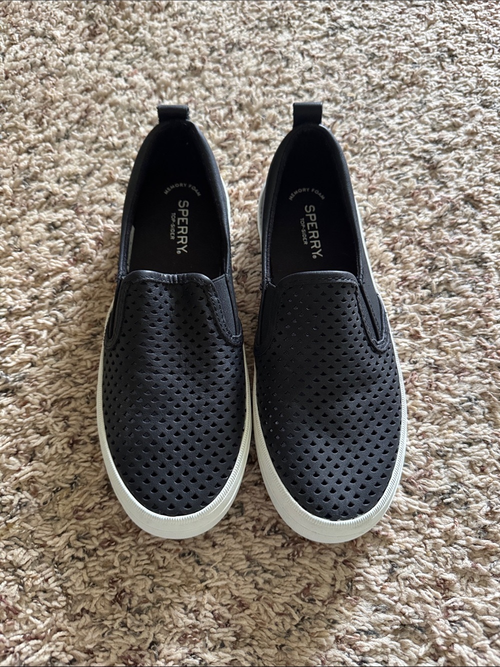 Sperry Woman’s Black Perforated Slip-On Sneakers with White Sole NWOT